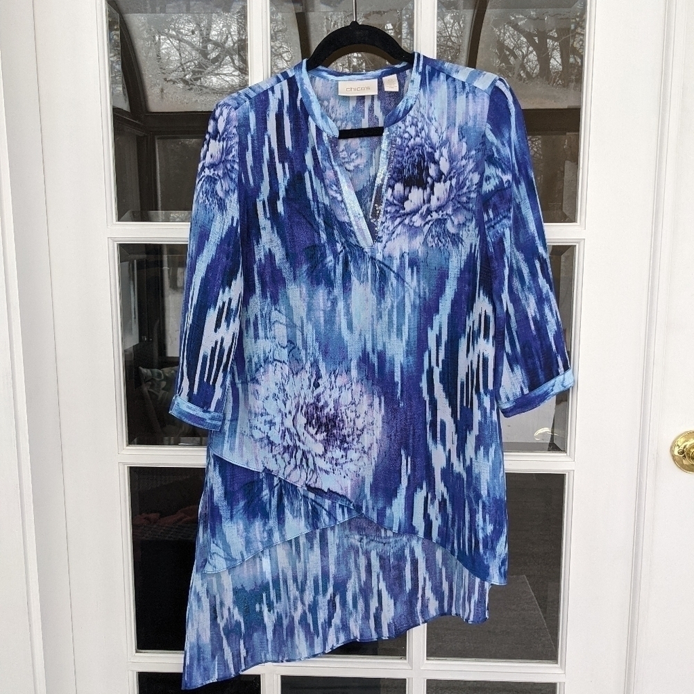 Chicos Floral Watercolor‎ Asymmetrical Blouse High Low Small